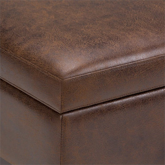 Simpli Home Owen Faux Air Leather Square Coffee Table Ottoman in Chestnut Brown**New and assembled,minor alignment issue shown in photo**