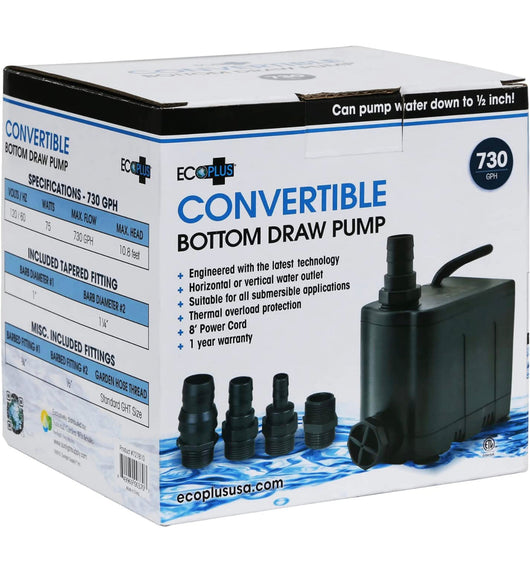 EcoPlus Convertible Bottom Draw Water Pump 730 GPH - Submersible Applications Only, Ideal for Hydroponics- NEW IN BOX!!!