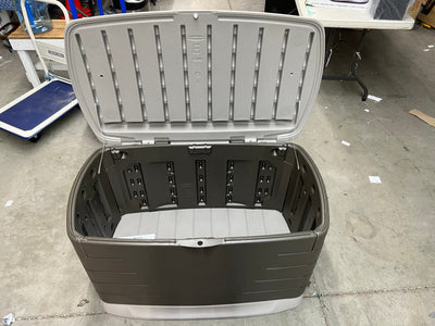 Rubbermaid Outdoor Large Deck Box with Seat, Green, 73 Gallon- NEW AND ASSEMBLED, MINOR SHIPPING DAMAGE (PHOTOS SHOWN)!!