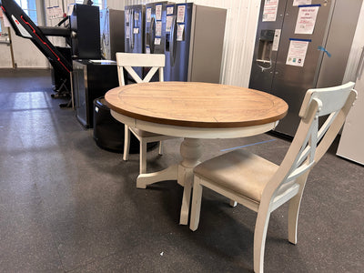 Roundhill Furniture Prato 3-Piece Round Dining Table Set with Cross Back Chairs, Antique White and Distressed Oak! (SOLID WOOD)  -Brand new & Assembled (Must Bring Pick up or Trailer for pick up)