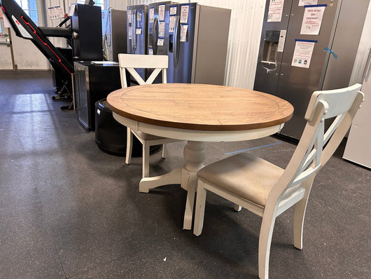 Roundhill Furniture Prato 3-Piece Round Dining Table Set with Cross Back Chairs, Antique White and Distressed Oak! (SOLID WOOD)  -Brand new & Assembled (Must Bring Pick up or Trailer for pick up)