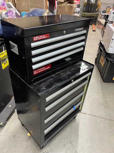 Husky 26” 8 drawer tool chest and cabinet - new but had a difficult journey to the Big Catch store-  includes keys for upper and lower sections