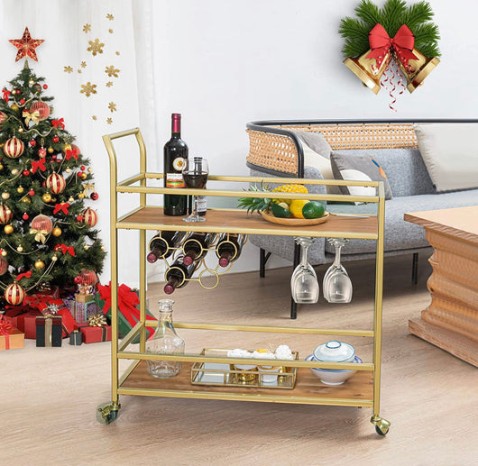 Flora Store Bar Cart Gold, Home Bar Serving Cart with Wine Rack and Glass Holder- NEW AND ASSEMBLED!!!