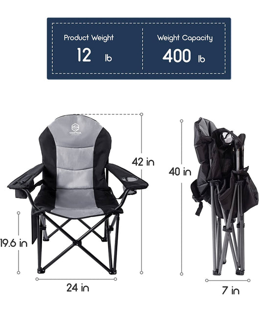 Coastrail Outdoor Camping Chair Oversized Padded Folding Quad Arm Chairs with Lumbar Back Support, Cooler Bag, Cup Holder & Side Pocket, Extra Head Pocket, Supports 400 lbs,Black- NEW OUT OF BOX!!!