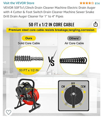 VEVOR 50FTx1/2Inch Drain Cleaner Machine Electric Drain Auger with 4 Cutter & Foot Switch Drain Cleaner Machine Sewer Snake Drill Drain Auger Cleaner for 1" to 4" Pipes- slightly used