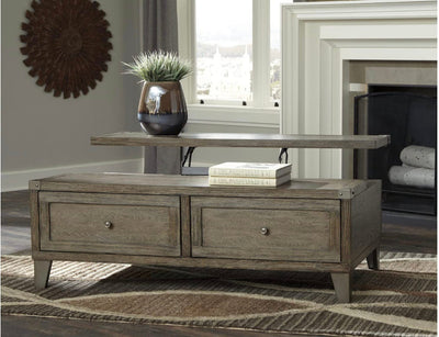 Signature Design by Ashley Chazney Industrial Lift Top Coffee Table with 2 Storage Drawers, Brown- NEW IN BOX!!!