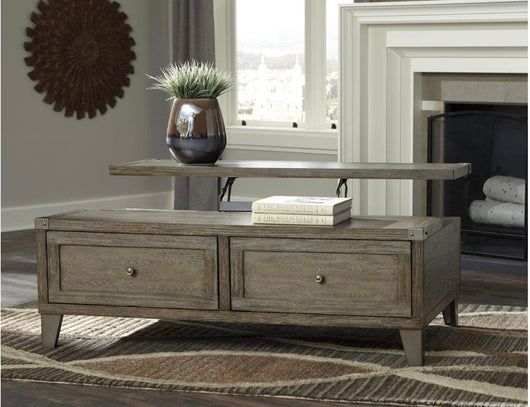 Signature Design by Ashley Chazney Industrial Lift Top Coffee Table with 2 Storage Drawers, Brown- NEW IN BOX!!!