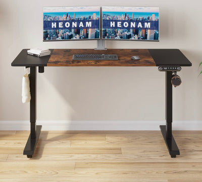 Electric Standing Desk,55 x 24 Inches Ergonomic Height Adjustable Desk with 4 Memory Settings, Sit Stand Home Office Desk with Splice Board, Black Frame/Rustic Brown Top- new in box
