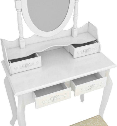 White Vanity Jewelry Makeup Dressing Table Set W/Stool 4 Drawer Mirror Wood Desk- NEW IN BOX!!!!