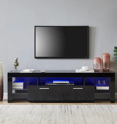 J&E Home 63 in. Black Modern TV Stand with LED Lights and 2-Storage Drawers Fits TV's up to 65 in!  -Brand new in the box