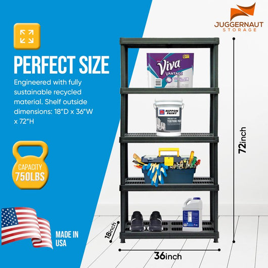 Juggernaut Storage 36"W x 18"D x 72"H 5-Shelf Resin Shelving, 750 lb Capacity Black**New in Box**
