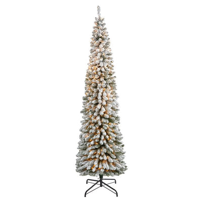 Nearly Natural 8ft. Flocked Pencil Artificial Christmas Tree with 500 Clear Lights and 646 Bendable Branches**New in box**
