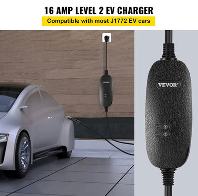 VEVOR Level 2 EV Charger, 16 Amp 110V-240V 3.84 kW, Portable Electric Vehicle Charger with 25 ft Charging Cable NEMA 6-20 Plug, SAE J1772 Standard Plug-in Home EV Charging Station for Electric Cars- NEW IN CARRY BAG!!!