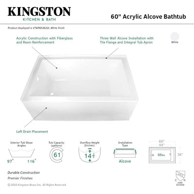 Aqua Eden VTAP603622L 60-Inch Acrylic Alcove Tub with Left Hand Drain, White!  -Brand new in the box
