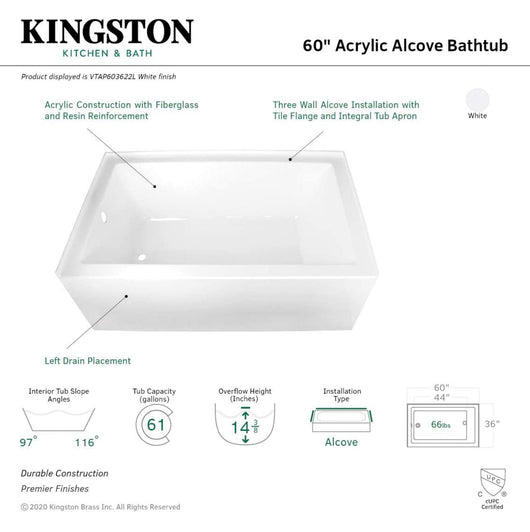 Aqua Eden VTAP603622L 60-Inch Acrylic Alcove Tub with Left Hand Drain, White!  -Brand new in the box