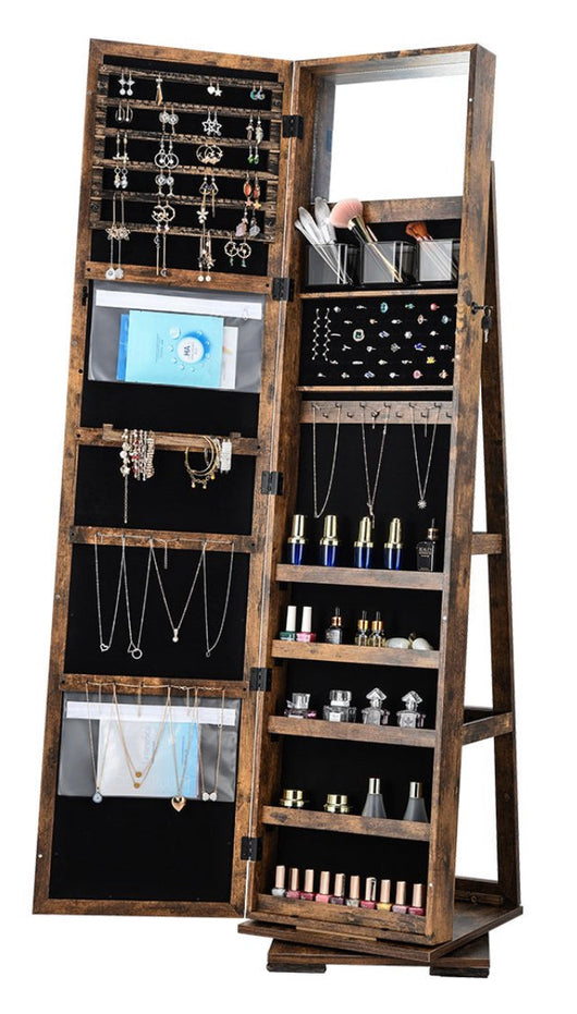 Woven Paths 360 Spinning Lockable Jewelry Armoire with Free-Standing Mirror, Brown!! NEW AND ASSEMBLED, MINOR DAMAGE FROM SHIPPING(HARDLY NOTICEABLE)!!
