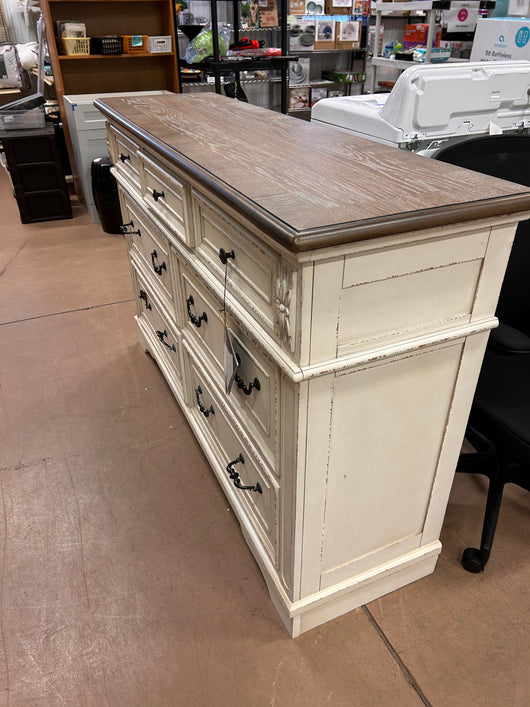 Signature Design by Ashley Realyn French Country 7 Drawer Two Tone Dresser, Chipped White and Realyn French Country 3 Drawer Nightstand with Electrical Outlets & USB Ports, Chipped White!