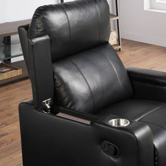 Mainstays Home Theater Recliner with USB charging ports, Faux Leather, Black- NEW AND ASSEMBLED!!!