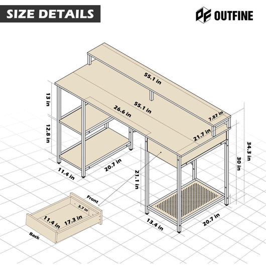 OUTFINE Desk Computer Desk Office Desk with Drawer, Monitor Stand and Storage Shelves- NEW IN BOX!!!!