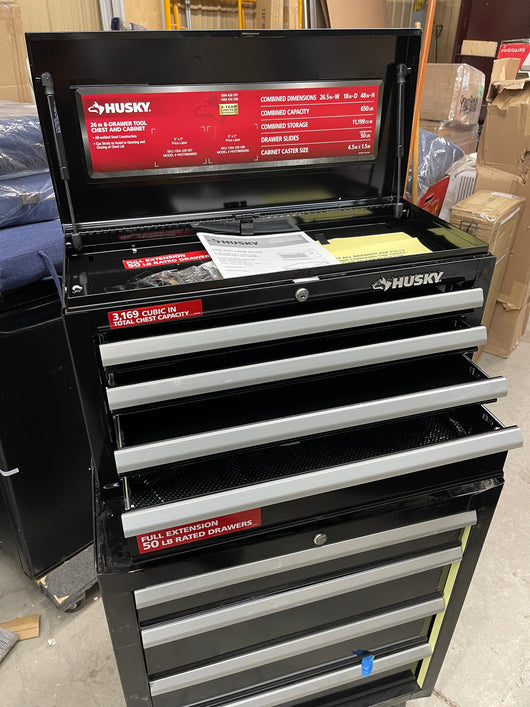 Husky 26” 8 drawer tool chest and cabinet - new but had a difficult journey to the Big Catch store-  includes keys for upper and lower sections