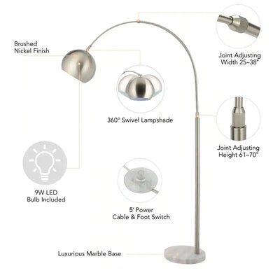 Merra 70 in. Nickel Arcing Modern Floor Lamp and Marble with Rotating Shade!  -Brand new in the box (Assembly is required)