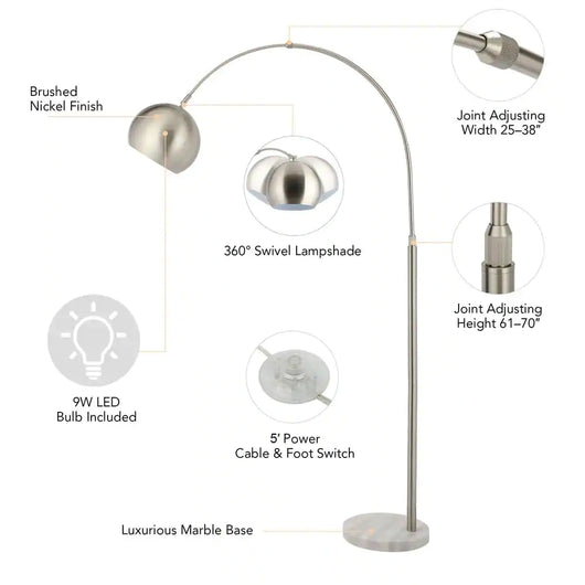 Merra 70 in. Nickel Arcing Modern Floor Lamp and Marble with Rotating Shade!  -Brand new in the box (Assembly is required)