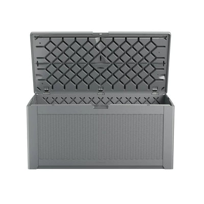 Rubbermaid Easy Install Outdoor Deck Box, Gray, Extra-Large**New and assembled,missing hinges**