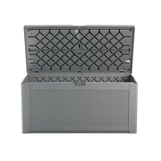 Rubbermaid Easy Install Outdoor Deck Box, Gray, Extra-Large**New and assembled,missing hinges**