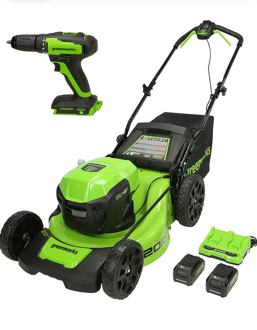 Greenworks 48V 20" Brushless Cordless Push Lawn Mower + 24V Brushless Drill / Driver, (2) 4.0Ah USB Batteries (USB Hub) and Dual Port Rapid Charger Included (2 x 24V)- NEW IN BOX
