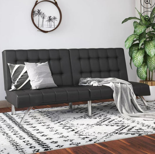 River Street Designs Emily Convertible Tufted Futon Sofa, Black Faux Leather- NEW IN BOX!!!!