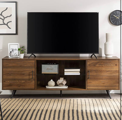 Walker Edison Saxon - TV stand with glass shelf, 2-door, mid-century modern style, for TVs up to 80 inches, 70 inches, dark walnut!  -Brand new in the box