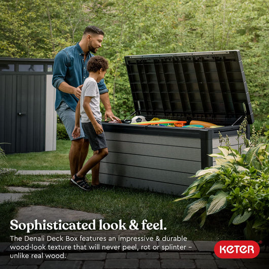 Keter Denali 150 Gallon Resin Large Deck Box-Organization and Storage for Patio Furniture, Outdoor Cushions, Garden Tools , Pool Toys, Grey & Black**New in box**