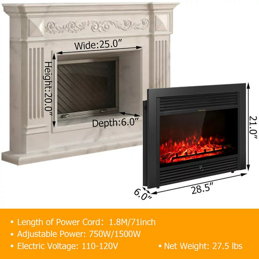 Costway 28.5" Fireplace Electric Embedded Insert Heater Glass Log Flame Remote**New in box**