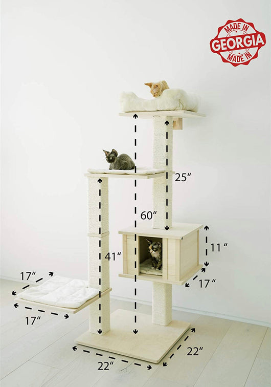 PAWMONA Multi-Level Cat Tree Bed Condo, 60", Indoor Cat Tower with Square-Shaped Scratching Posts for Cats and Kittens, 4 Beds, 1 Covered, Made from Natural Birch Wood and Natural Sisal Matting, Cream
