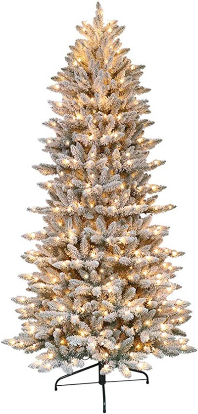 Puleo International 6.5 Foot Pre-Lit Slim Flocked Fraser Fir Artificial Christmas Tree with 350 Clear Lights, Green- new in box