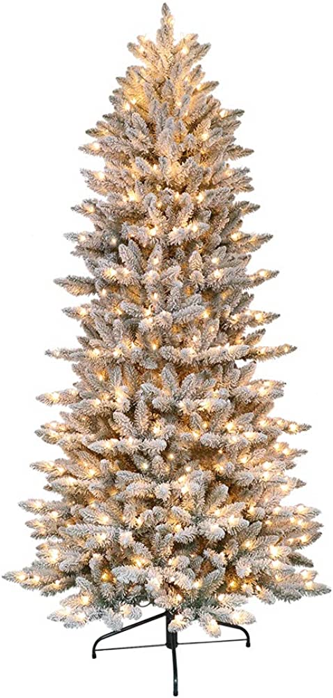 Puleo International 6.5 Foot Pre-Lit Slim Flocked Fraser Fir Artificial Christmas Tree with 350 Clear Lights, Green- new in box