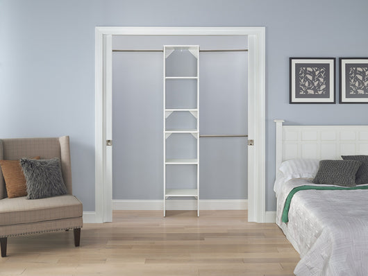 ClosetMaid SuiteSymphony Wood Closet Organizer Starter Kit with Tower and 3 Hang Rods, Shelves, Adjustable, Fits Spaces 4 – 9 ft. Wide, Pure White, 16"**New in box**