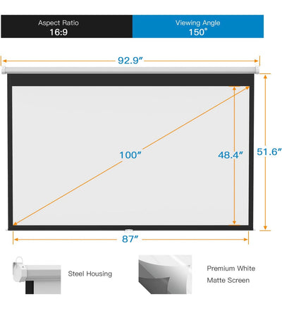 Projector Screen 100 Inch 16:9 - Auto-Locking Portable Projection Screen for 4K 3D 1080P HD - Manual Projector Screen Pull Down for Indoor Outdoor Home Theater Office Movies by PERLESMITH- new in box