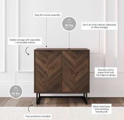 Nathan James Enloe Modern Sideboard Buffet, 32 inch Storage Accent Cabinet with Doors in a Rustic Finish and Matte Metal Base for Hallway, Entryway, Kitchen or Living Room, Walnut/Black- NEW IN BOX!!!!