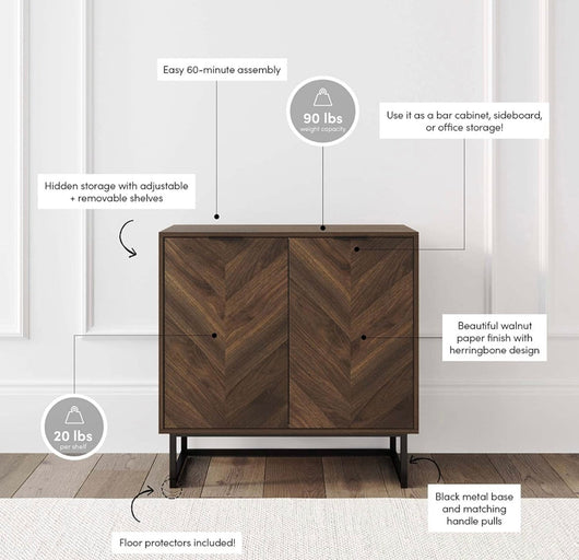 Nathan James Enloe Modern Sideboard Buffet, 32 inch Storage Accent Cabinet with Doors in a Rustic Finish and Matte Metal Base for Hallway, Entryway, Kitchen or Living Room, Walnut/Black- NEW IN BOX!!!!