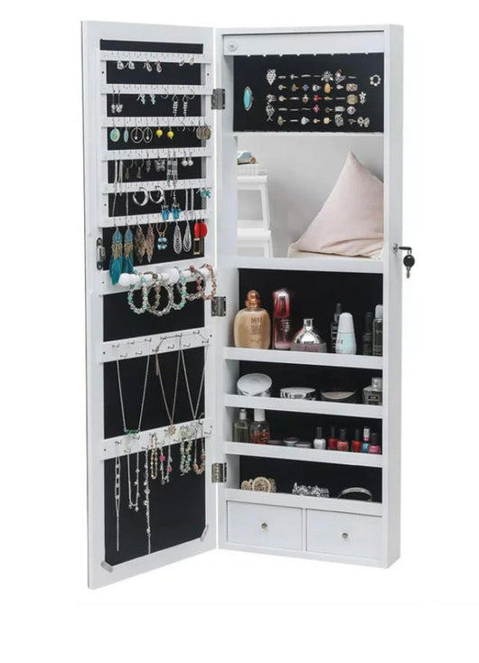 UBesGoo Jewelry Cabinet Box Full Mirror Wooden Wall Mounted 4-Layer Shelf 2 Drawers With Inner Mirror, White- NEW IN BOX!!!