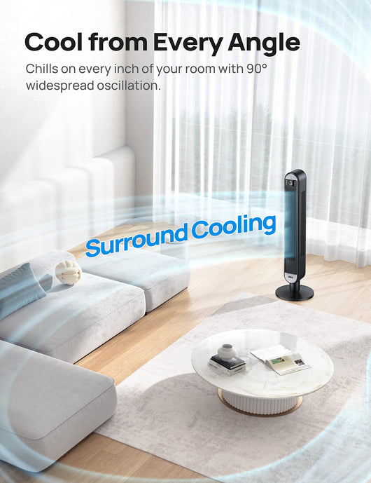 Dreo Tower Fan for Bedroom, 42 Inch Bladeless Fan, 90° Oscillating Fan, Quiet Floor Fan with Remote, LED Display, 6 Speeds 4 Modes, 12H Timer, Standing Fans for Home Living Room Office, Cruiser Pro T2**New in box**