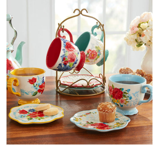 The Pioneer Woman Floral Medley Mug Rack w/Appetizer Plates and Mugs, 9-Piece Set (new in the bo)