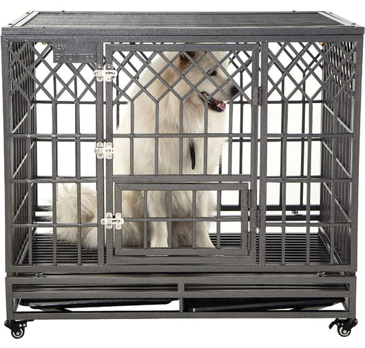 KELIXU Heavy Duty Dog Cage for Large Dog, Strong Metal Kennel and Crate Pet Playpen with Three Doors, Four Wheels, 42 Inch ,Y Shape ,Silver!! NEW IN BOX, MINOR DENT FROM SHIPPING!!