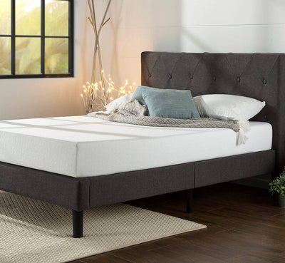 Zinus Diamond platform, upholstered bed with embroidered wooden slat back, individual, Wood, Brown, King!  -Brand new in the box