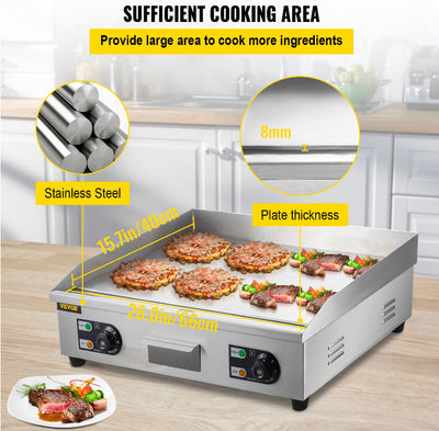 VEVOR Electric Countertop Commercial Flat Top Griddle, 26” Teppanyaki Grill, 3200 Watt, 120F-570F Temp Range, NO PLUG!! NEW OUT OF BOX, MINOR DENTS FROM SHIPPING(PHOTOS SHOWN)!!