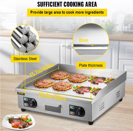 VEVOR Electric Countertop Commercial Flat Top Griddle, 26” Teppanyaki Grill, 3200 Watt, 120F-570F Temp Range, NO PLUG!! NEW OUT OF BOX, MINOR DENTS FROM SHIPPING(PHOTOS SHOWN)!!