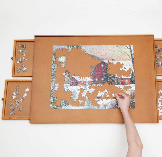 Bits and Pieces - The Original Jumbo 1500 pc Wooden Puzzle Plateau-Smooth Fiberboard Work Surface - Four Sliding Drawers Complete This Puzzle Storage System- NEW IN BOX!!!