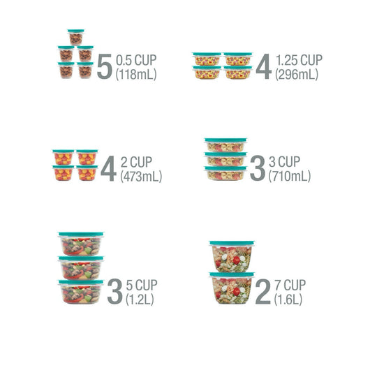 Rubbermaid Flex and Seal Set of 21 Variety Food Storage Containers, Teal Lids- BRAND NEW (Missing 1 Lid!!!)