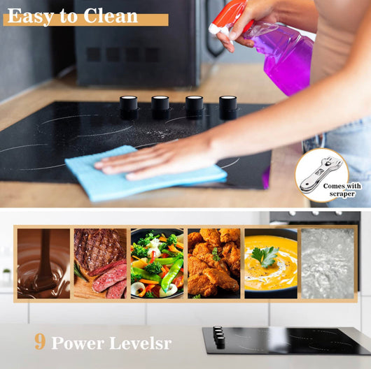 24 Inch Electric Cooktop Hobsir 4 Burners Built-in Radiant Electric Stove, 9 Heating Level, Residual Heat Indicator, Over-Temperature Protection, 220V-240V Hard Wire (No Plug)!! NEW IN BOX!!